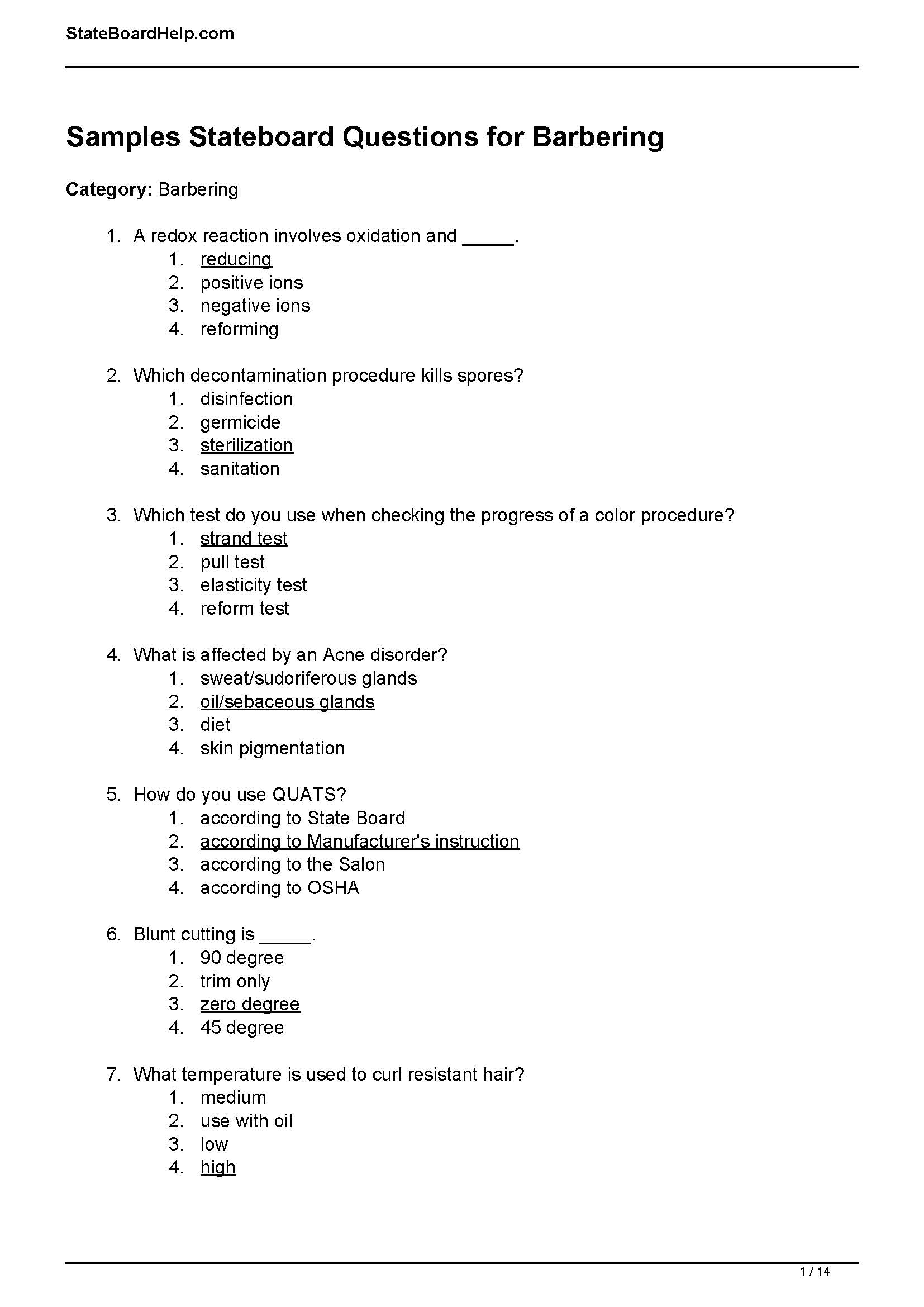 Barbering State Board Exam answers