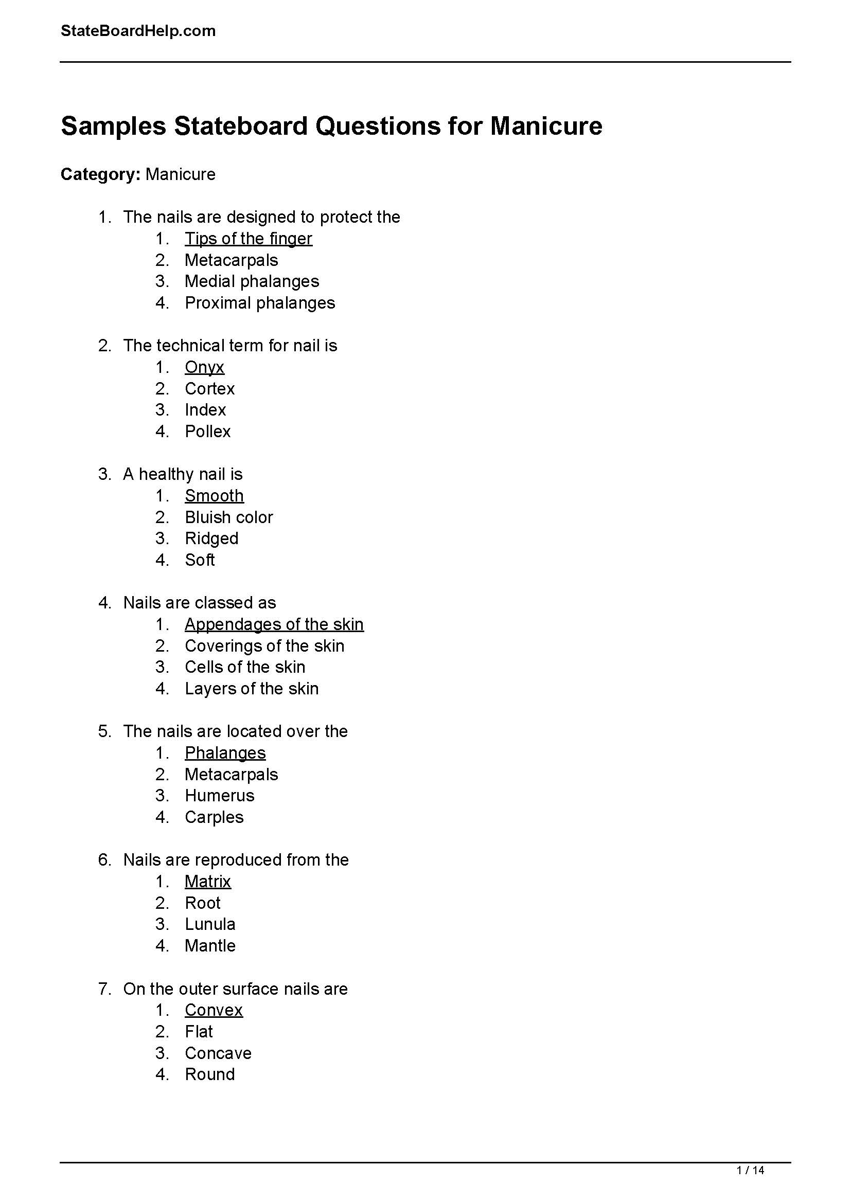 Manicure State Board Exam answers